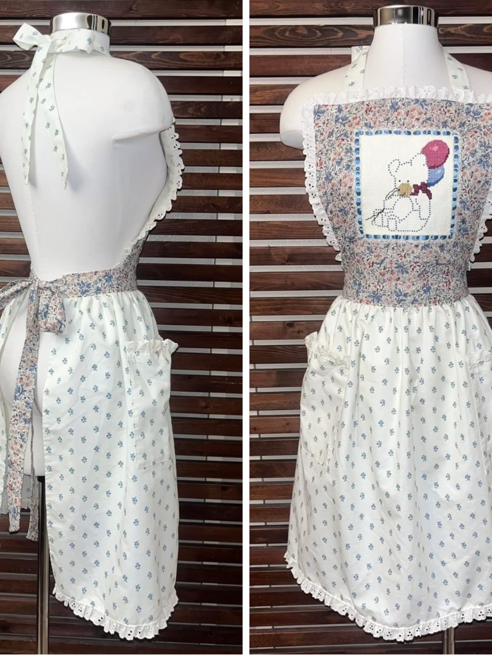 1980s Vintage Floral Teddy Bear Balloons Eyelet Lace Trim Multicolor Apron Dress